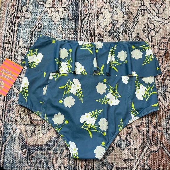 NWT Kortni Jeane Peplum Ruffle Floral High-Waisted Bikini Bottom Blue Medium - Picture 8 of 8